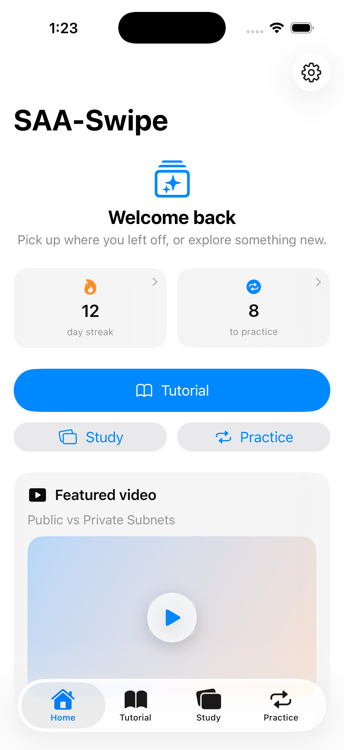 SAA-C03 course progress, study streak, and practice activity in TutorialRepo